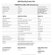 Certificate of Analysis for Theophylline USP (Anhydrous) For Compounding by Medisca
