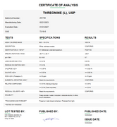 Certificate of Analysis for Threonine (L) USP For Compounding (API) by Medisca