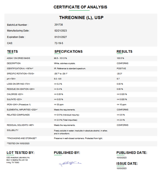 Certificate of Analysis for Threonine (L) USP For Compounding (API) by Medisca