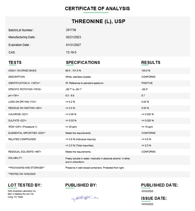 Certificate of Analysis for Threonine (L) USP