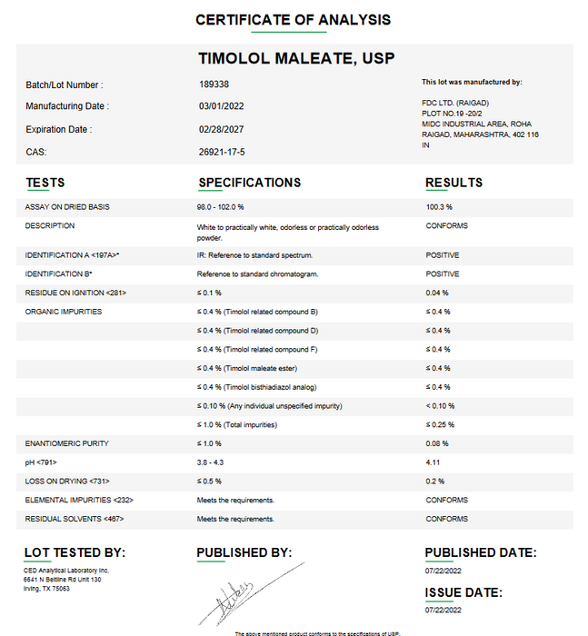 Certificate of Analysis for Timolol Maleate USP For Compounding (API) by Medisca