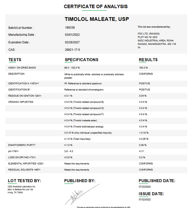 Certificate of Analysis for Timolol Maleate USP