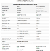 Laboratory certificate of analysis for Tizanidine Hydrochloride USP API, showing batch details, test results, and specifications