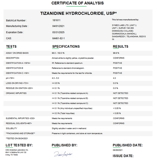 Certificate of Analysis for Tizanidine Hydrochloride USP For Compounding (API) by Medisca