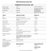 Certificate of Analysis for Tobramycin Sulfate USP For Compounding (API) by Medisca