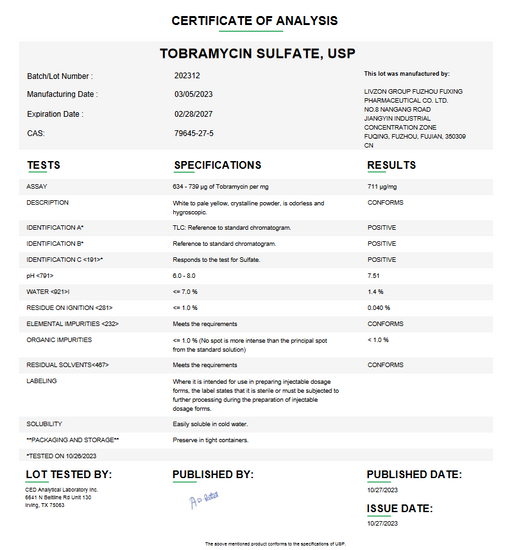 Certificate of Analysis for Tobramycin Sulfate USP For Compounding (API) by Medisca