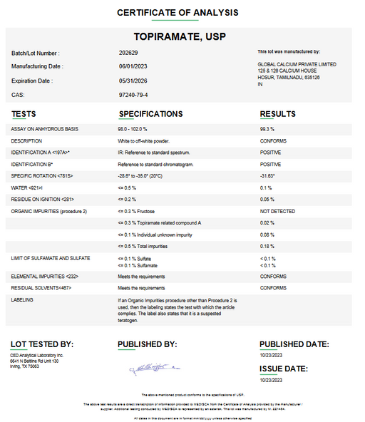 Certificate of Analysis for Topiramate USP: Compounding API for Seizure Control by Medisca