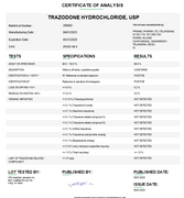 Certificate of Analysis for Trazodone Hydrochloride USP For Compounding (API) by Medisca