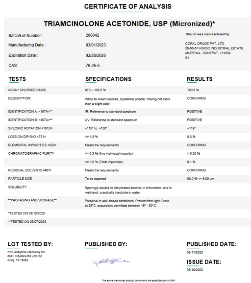 Certificate of Analysis for Triamcinolone Acetonide USP (Micronized) For Compounding (API) by Medisca