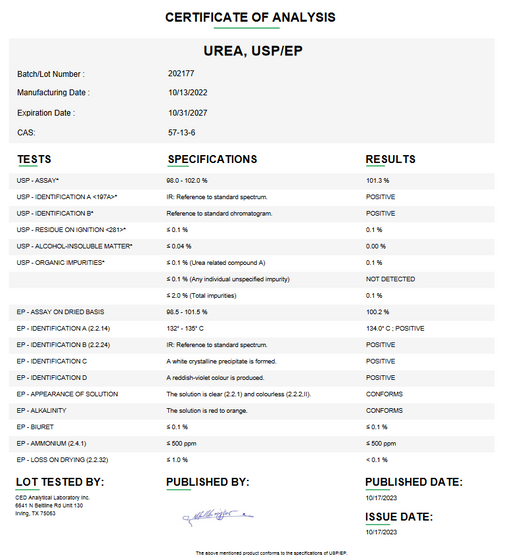 Certificate of Analysis for Urea USP For Compounding (API) by Medisca