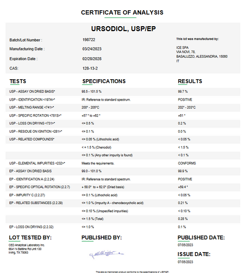Certificate of Analysis for Ursodiol USP/EP For Compounding (API) by Medisca