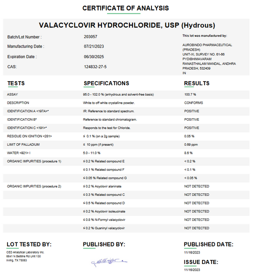 Certificate of Analysis for Valacyclovir Hydrochloride USP For Compounding (API) by Medisca