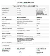Certificate of Analysis for Vancomycin Hydrochloride USP For Compounding (API) by Medisca