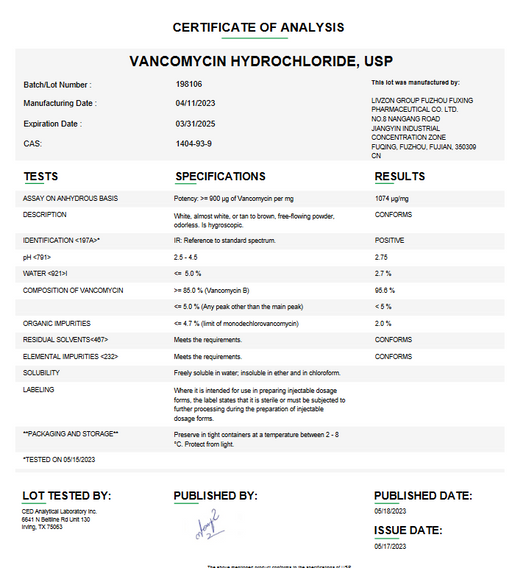 Certificate of Analysis for Vancomycin Hydrochloride USP For Compounding (API) by Medisca