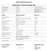 Certificate of Analysis for Verapamil Hydrochloride USP For Compounding (API) by Medisca