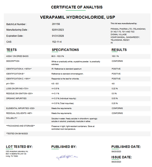 Certificate of Analysis for Verapamil Hydrochloride USP For Compounding (API) by Medisca