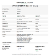 Certificate of Analysis for Vitamin E Acetate (DL) USP Liquid For Compounding (API) by Medisca