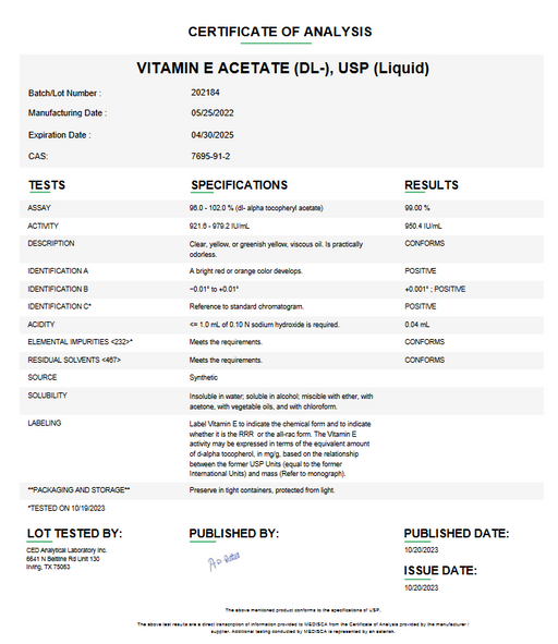 Certificate of Analysis for Vitamin E Acetate (DL) USP Liquid For Compounding (API) by Medisca