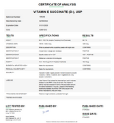 Certificate of analysis for Vitamin E Succinate (D-), USP showing test results, manufacturing details, and storage instructions