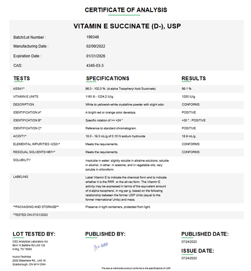 Certificate of Analysis for Vitamin E Succinate (D) USP Powder For Compounding (API) by Medisca