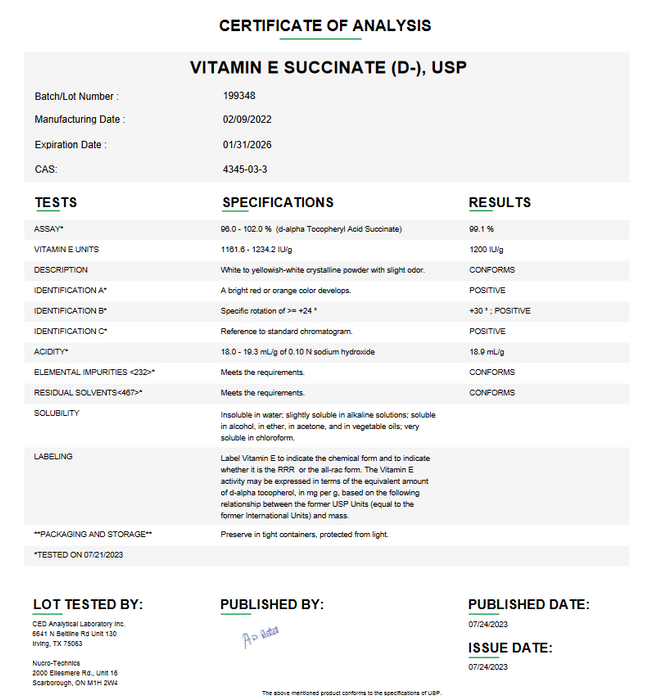 Certificate of Analysis for Vitamin E Succinate (D) USP