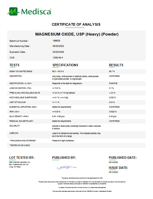 Certificate of Analysis for Magnesium Oxide USP (Heavy Powder) For Compounding (API)
