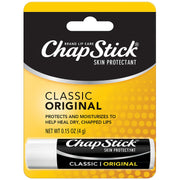 Chapstick Classic Original lip balm in black and yellow packaging, moisturizing skin protectant for dry, cracked lips, 0.15 oz