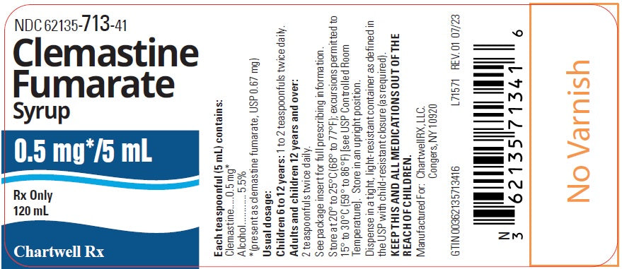 Full drug fact label for Chartwell RX Clemastine Fumarate Syrup Antihistamine Oral Solution
