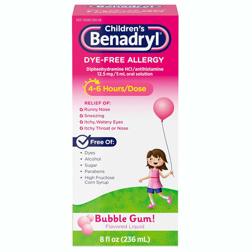 Children's Dye-Free Allergy Relief Medicine Bubble Gum Flavor Benadryl 