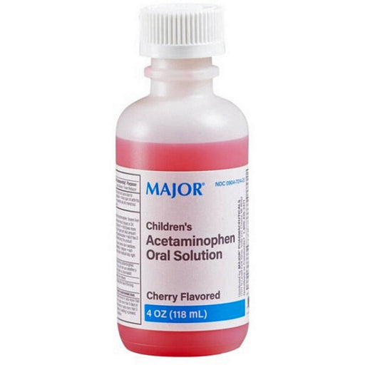 Bottle of Major Children's Acetaminophen Oral Solution in cherry flavor.