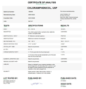 Certificate of Analysis for Chloramphenicol USP For Compounding (API)