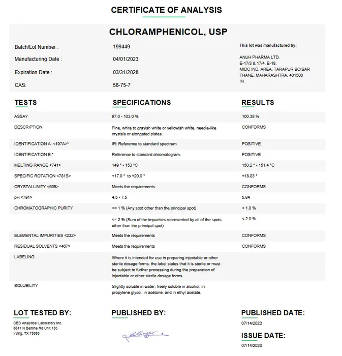 Chloramphenicol USP For Compounding (API)
