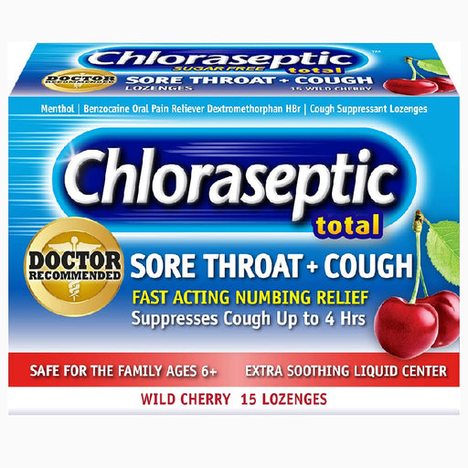 Chloraseptic Total Sore Throat + Cough Lozenges, Sugar-Free Wild Cherry, 15 Count for relief and oral care.