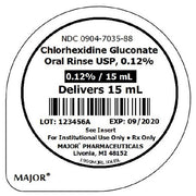 Circular label for Chlorhexidine Gluconate Oral Rinse 0.12%, black and white design with barcode, lot number, expiration date, and usage instructions