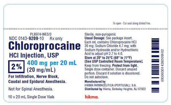 Package Label for Chloroprocaine HCL 2% Injection 20 mL Single-Dose Vials 