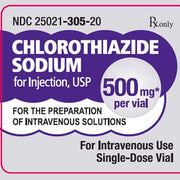 Silver logo of Chlorothiazide Sodium for injection USP 500 mg powder vial, used for high blood pressure and edema treatment, sterile, single-dose