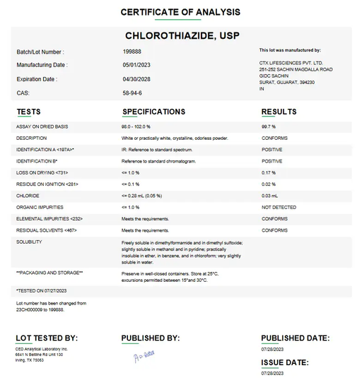Chlorothiazide USP For Compounding (API) 25 g 100 g