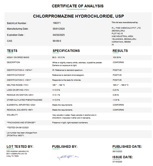 Chlorpromazine Hydrochloride USP Certificate of Analysis