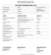 Certificate of Analysis for Cholestyramine Resin USP for Compounding