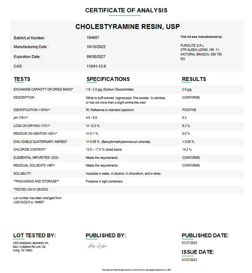 Certificate of Analysis for Cholestyramine Resin USP for Compounding