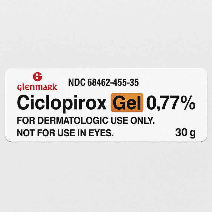 Label for Ciclopirox Gel 0,77% by Glenmark on a white background