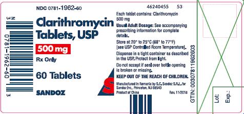 Package label for Clarithromycin 500 mg Tablets by Sandoz 60 Count
