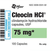 Pfizer Cleocin HCI label with barcode, black text, green dosage highlight, 75 mg, 100 capsules, prescription medication