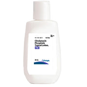 White plastic bottle of Clindamycin Lotion 1% for acne treatment, 60 mL, with label showing medication details, used for skin care.