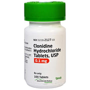 Clonidine HCL 0.1 mg Tablets displayed with bottle, emphasizing hypertension management and support for nervous system health.