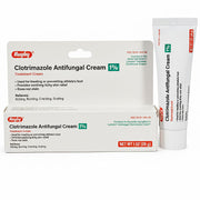 Rugby Clotrimazole 1% antifungal cream in white tube with red and green label, designed for treating fungal skin infections like ringworm