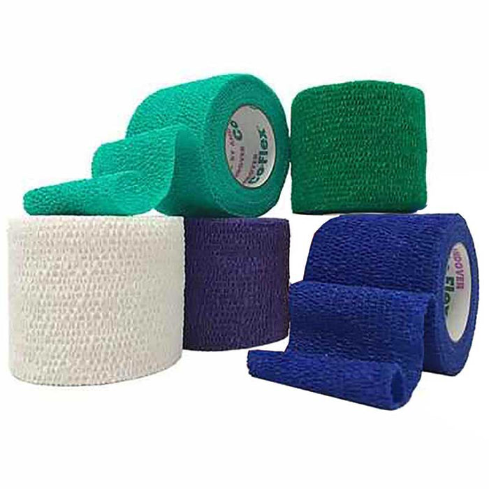 CoFlex NL Cohesive Bandages Self-Adherent (Coban) Assorted Colors (Teal, Blue, White, Purple and Green) 1 x 5 yard Rolls Assorted Colors (30/Box) 1 1/2 x 5 Yrd Rolls Assorted Colors (48/Box) 2 x 5 Yard Rolls Assorted Colors (36/Box) 3 x 5 Yard Rolls Assorted Colors (24/Case)