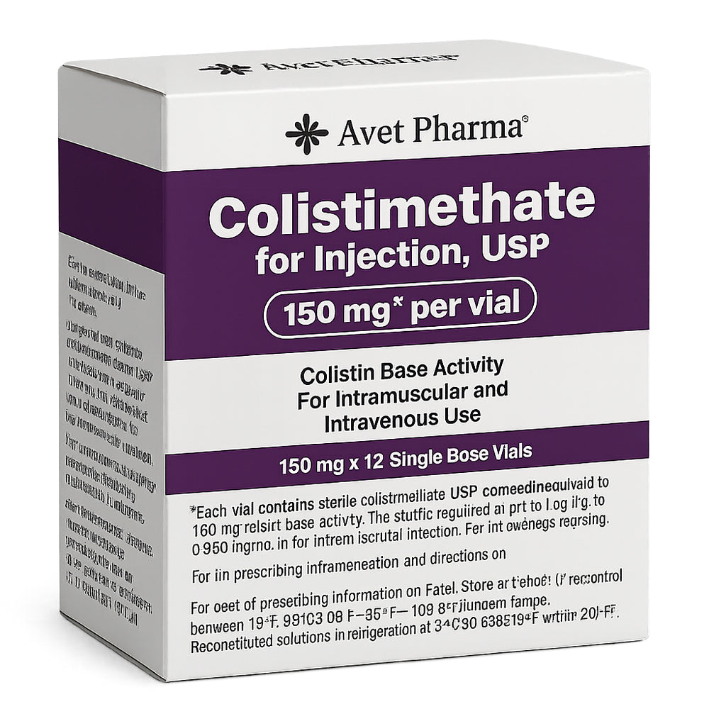 Colistimethate Sodium Injection 150 mg Per Vial =, 12 per box.