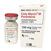 Lyophilized powder vial of Coly-Mycin M Parenteral 150mg, sterile injectable antibiotic with red cap, used for bacterial infections, SKU: 42023-0107-01