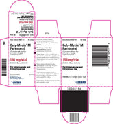 Folded packaging label for Coly-Mycin M Parenteral 150mg, sterile injectable medication with pink and black text, includes dosage info and barcode